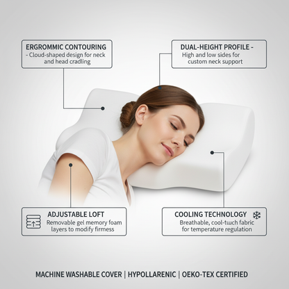 Mellow Cloud Alignment Pillow – Ergonomic Support for Neck & Spinal Alignment, Dual Height, Adjustable Fill, Machine Washable Cover